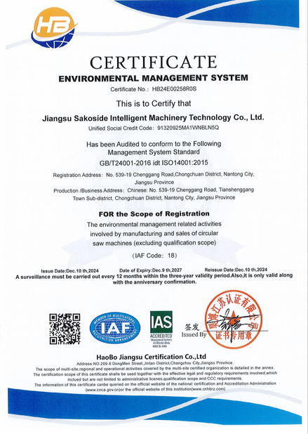 china Jiangsu Sakoside Intelligent Machinery Technology Co.,Ltd. certification