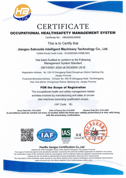 China Jiangsu Sakoside Intelligent Machinery Technology Co.,Ltd. certification
